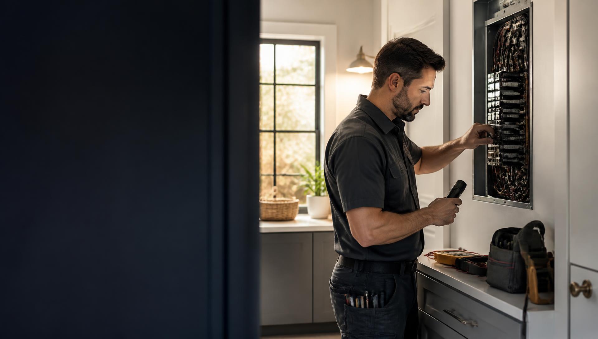 Residential electrician inspecting a home's electrical panel
