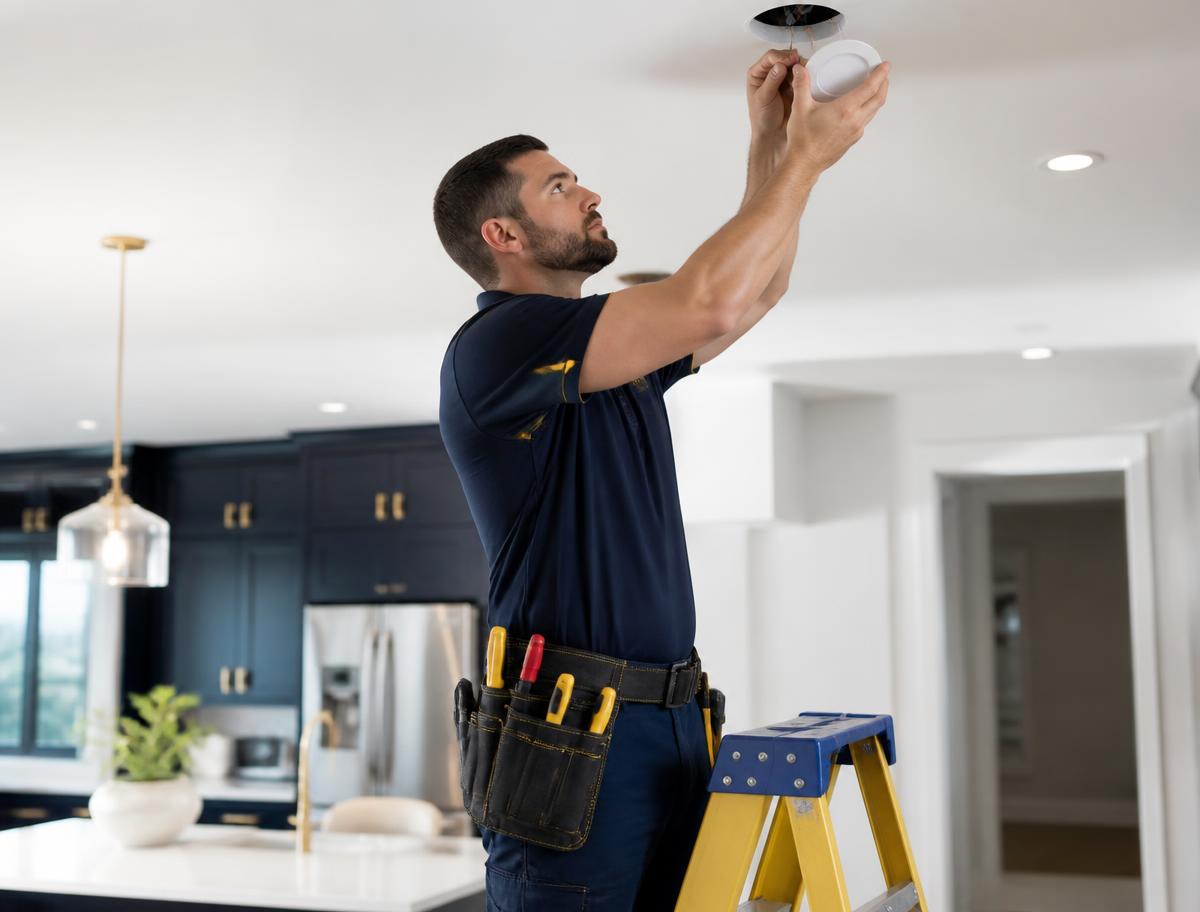 Electrician installing recessed lighting in a kitchen