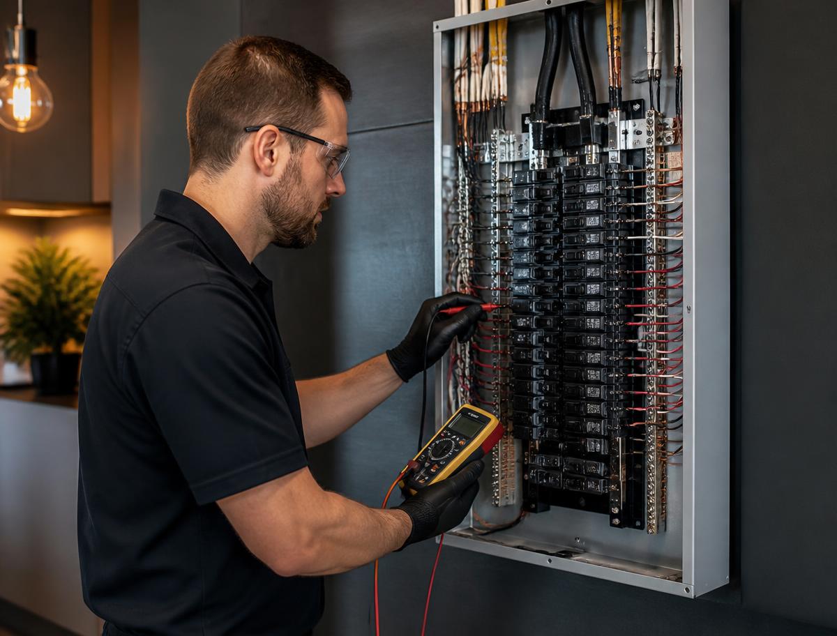 Electrician testing a modern residential electrical panel